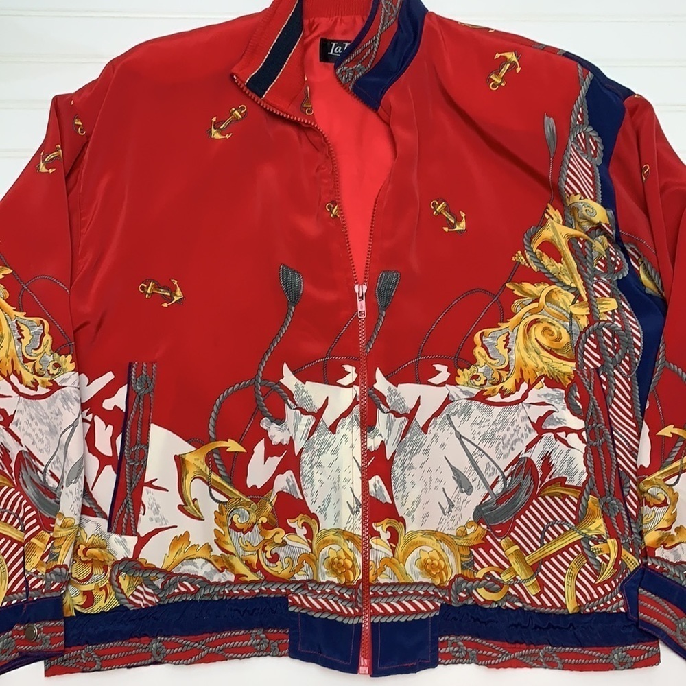 Vintage red bomber nautical zip front jacket with shoulder pads O/S